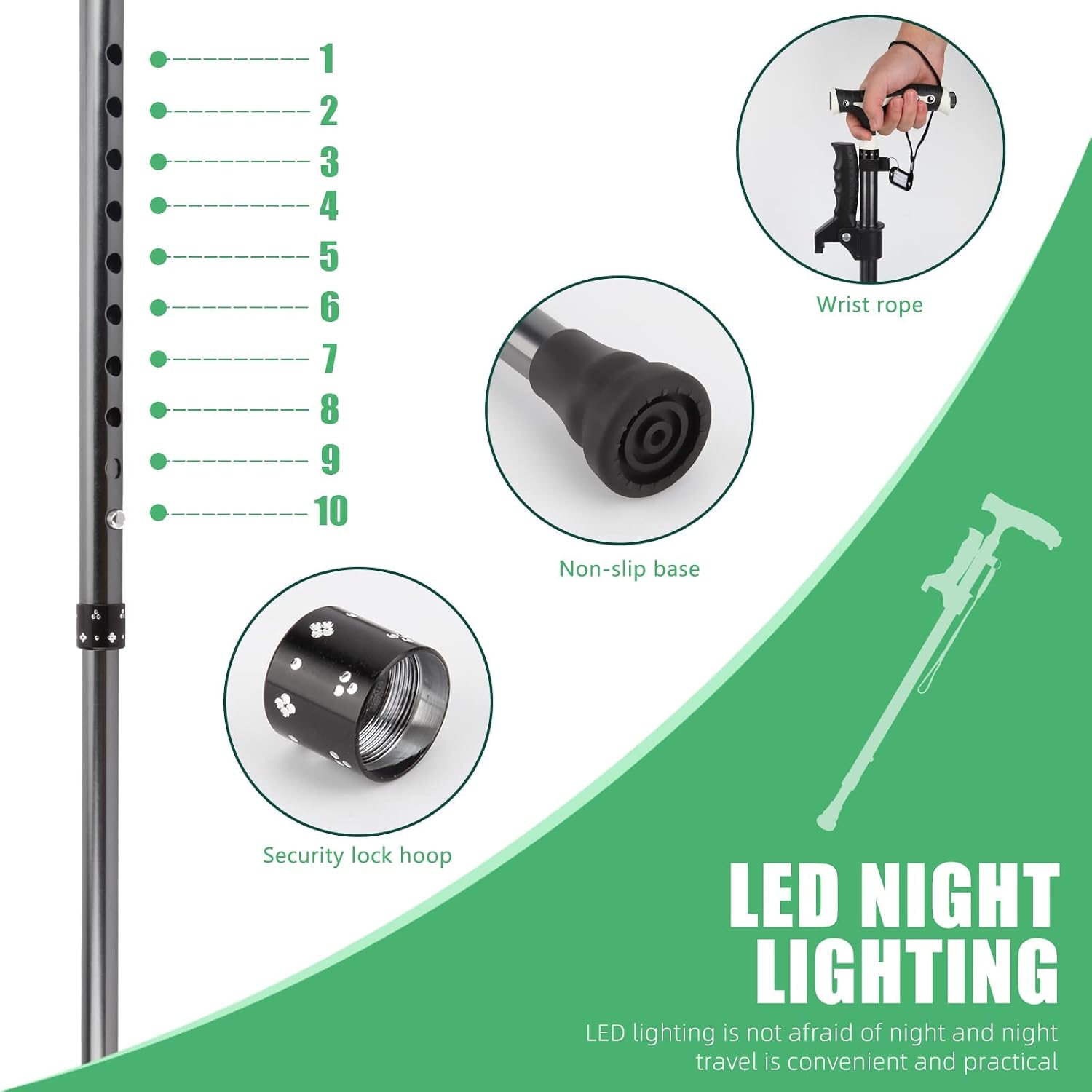 Foldable Adjustable Walking Cane with LED Light and Freestanding Base – Black