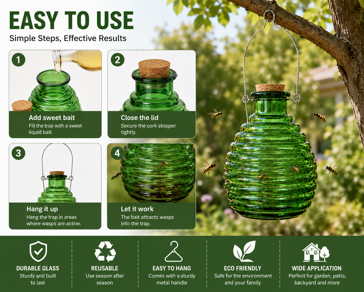 Reusable Hanging Glass Wasp Trap for Garden, Patio & Backyard