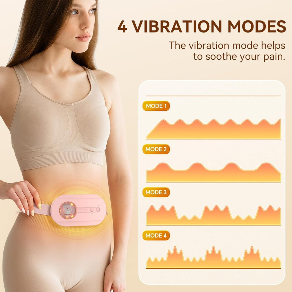 OKIBB Menstrual Heating Belt – Portable Heating & Vibration Massager for Period Cramps, 4 Heat Levels, 4 Massage Modes, Rechargeable 2500mAh USB-C Waist Heating Pad