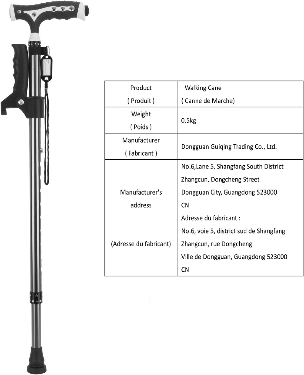Foldable Adjustable Walking Cane with LED Light and Freestanding Base – Black
