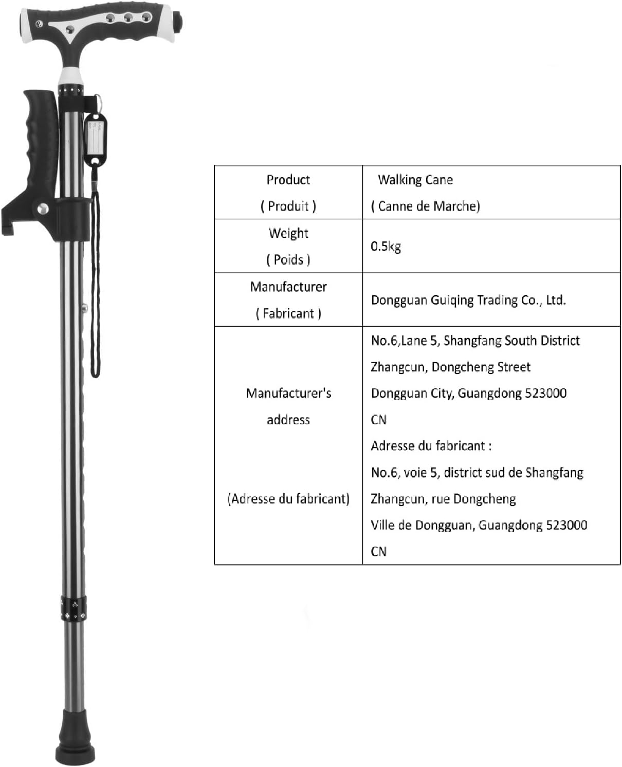 Foldable Adjustable Walking Cane with LED Light and Freestanding Base – Black
