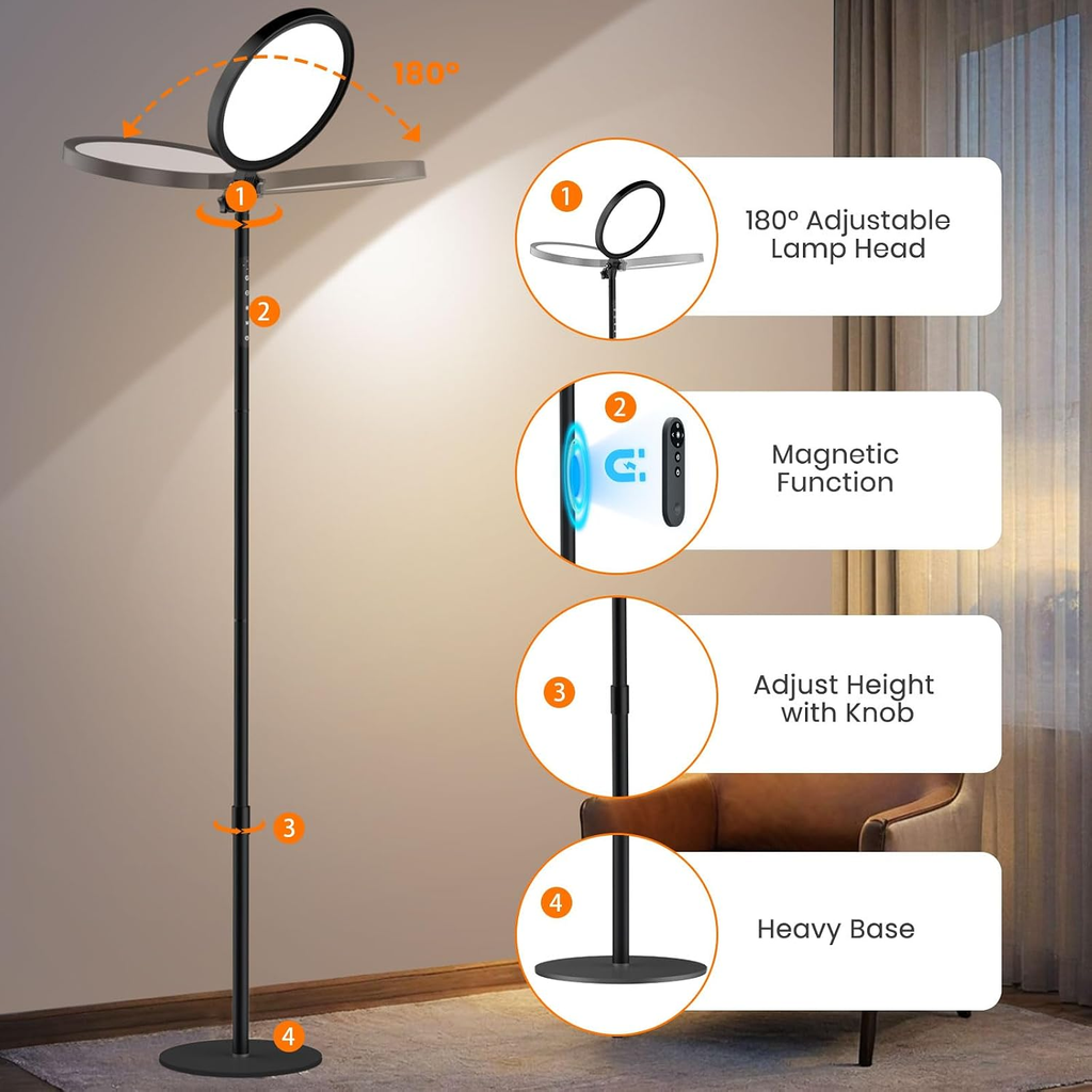 12000 Lux UV-Free Full Spectrum Floor Lamp with Remote, Touch Control, Adjustable Height, Timer, 4 Color Temperatures & 5 Brightness Levels