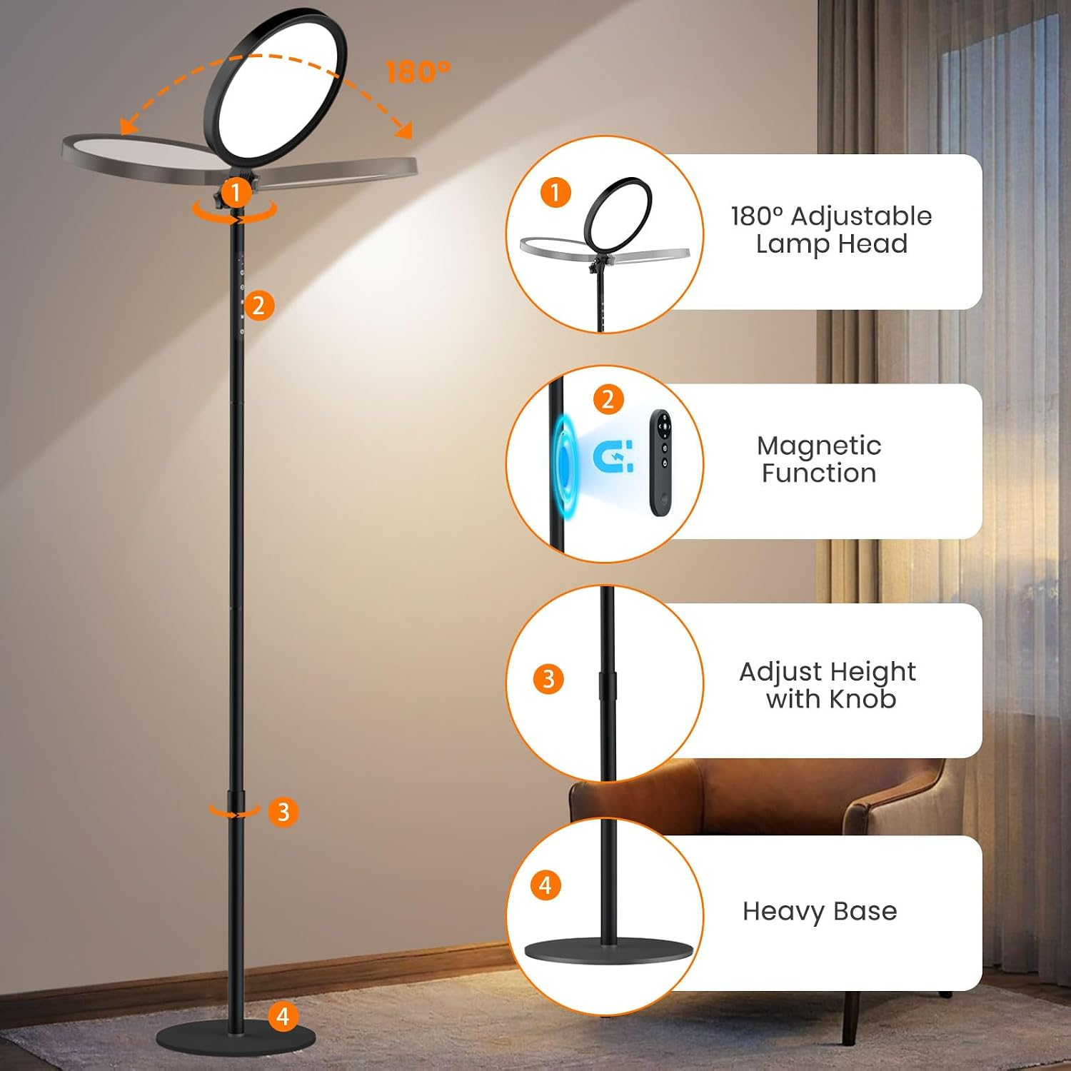 12000 Lux UV-Free Full Spectrum Floor Lamp with Remote, Touch Control, Adjustable Height, Timer, 4 Color Temperatures & 5 Brightness Levels