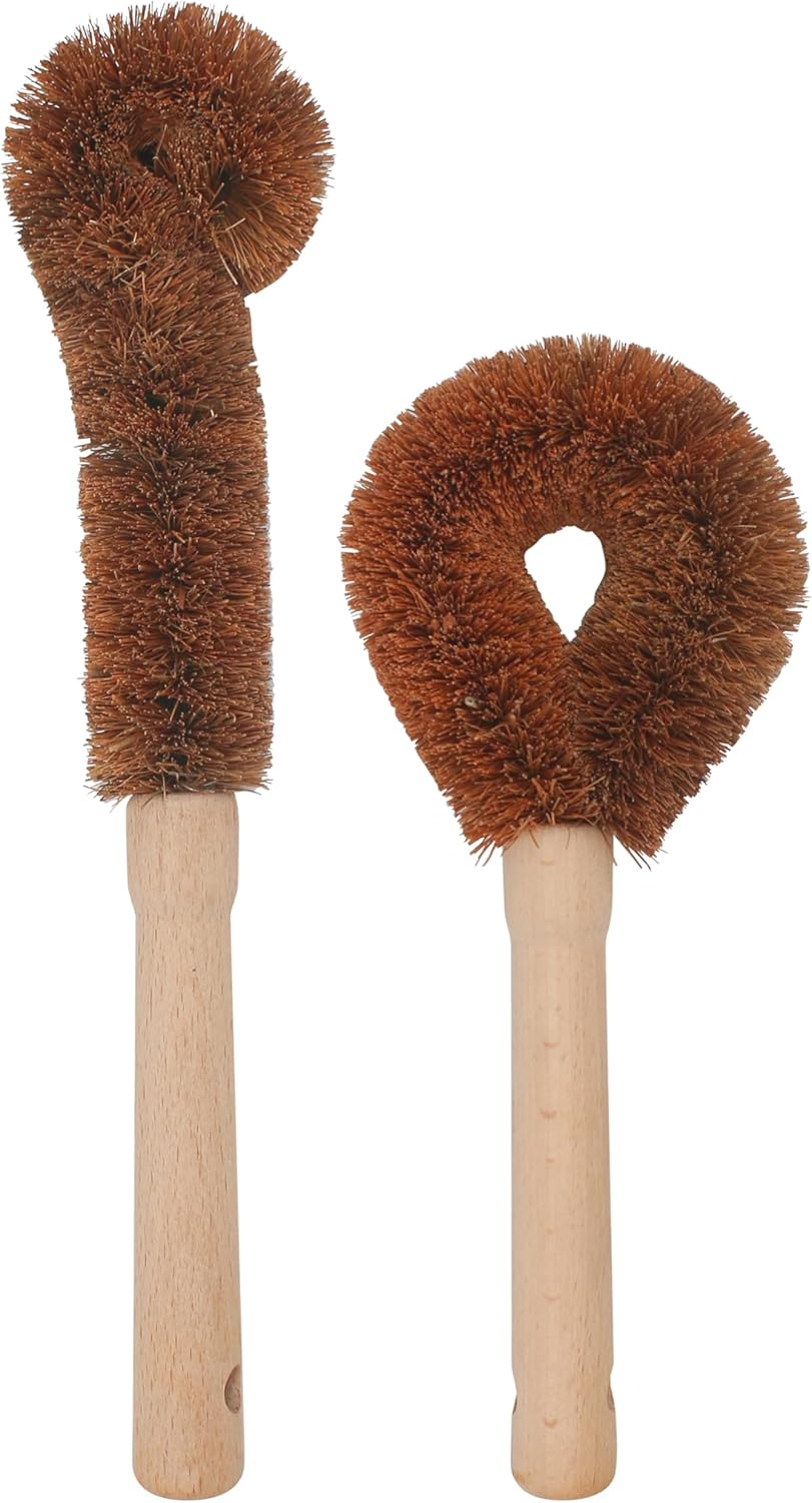 2Pcs Coconut Brush Fiber Bottle Wooden Cleaning Brush, Scrub Head for Deep Pan Cleaning Washing, Sturdy Natural Eco-Friendly Handle Holder, Bristle Scrubber for Kitchen Dishes Vegetable, Dark Brown