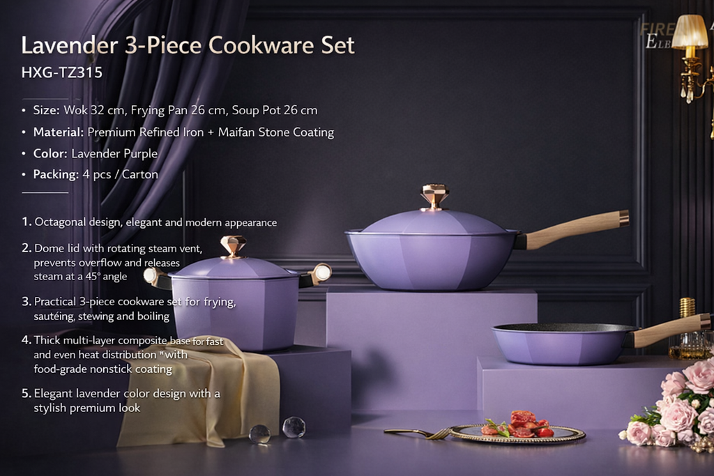 3-Piece Octagonal Nonstick Cookware Set – Lavender Purple Kitchen Pots & Pan Set with Lid, Premium Multi-Layer Bottom, Elegant Sapphire Diamond Design