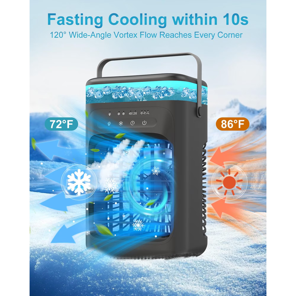Portable 4-in-1 Evaporative Air Cooler with 3 Fan Speeds, Dual Mist Modes, LED Light and Timer – Black
