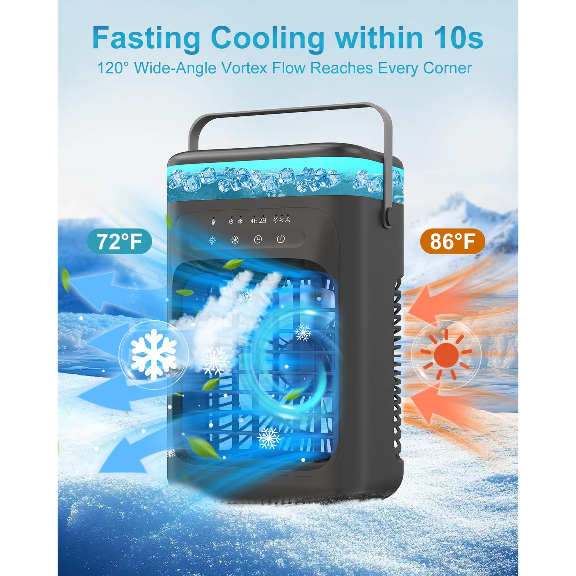 Portable 4-in-1 Evaporative Air Cooler with 3 Fan Speeds, Dual Mist Modes, LED Light and Timer – Black