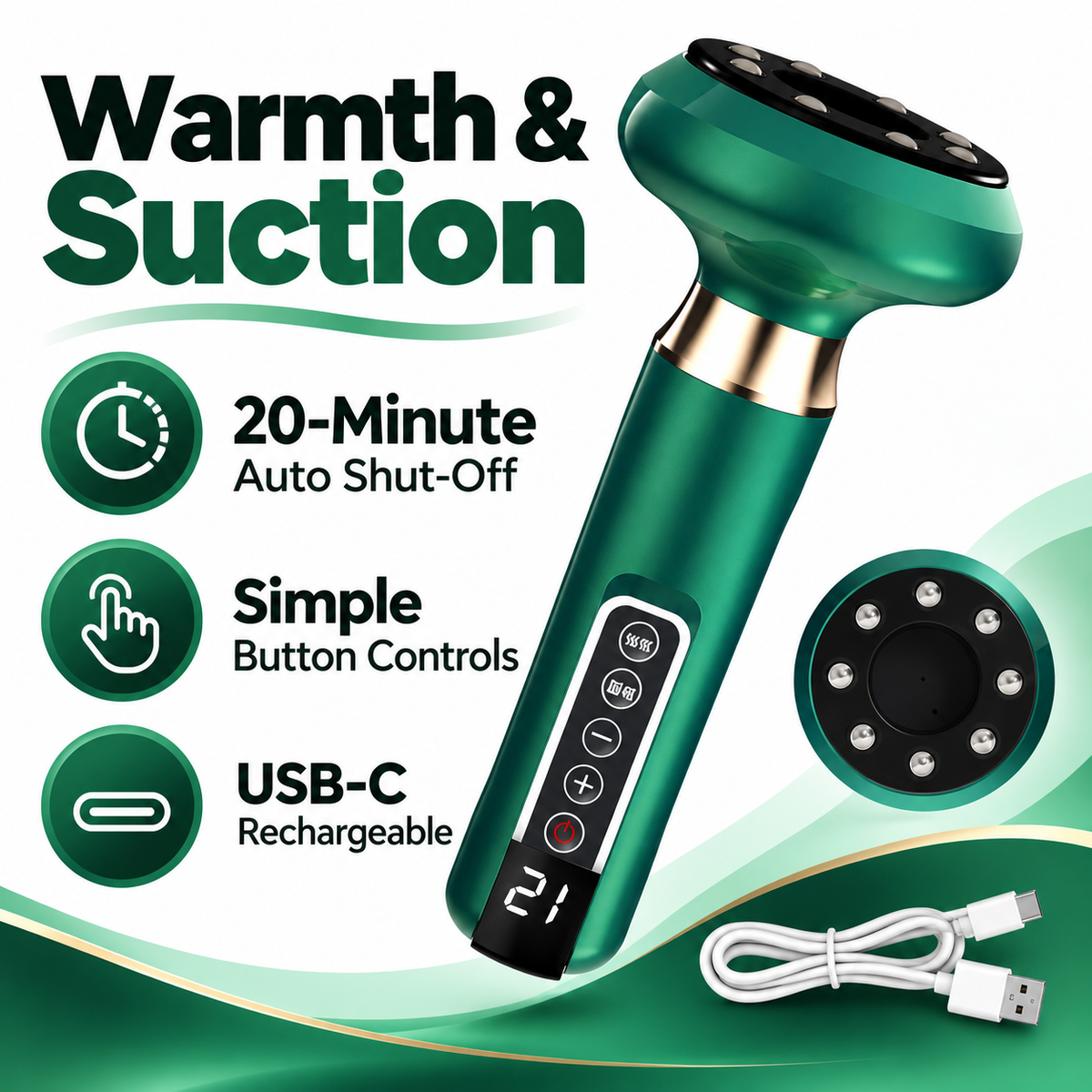 Rechargeable Electric Cupping Massager with Heat, 12 Suction Levels & 20 mL Massage Oil – Green