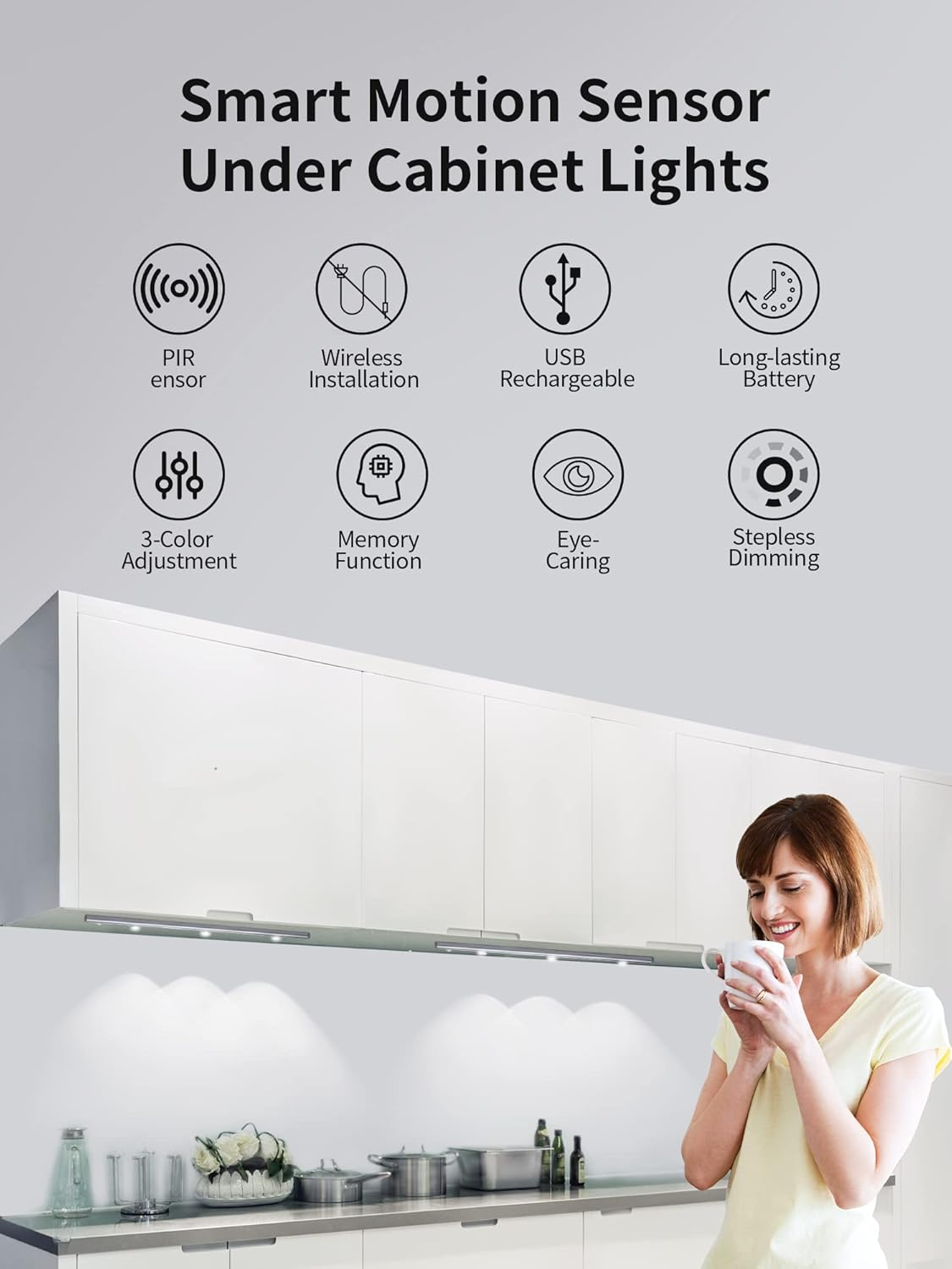 3 Color Dimmable Motion Sensor Under Cabinet Lights Wireless,1500mAh Rechargeable Battery Operated LED Closet Light Bar, Stick on Anywhere Under Cabinet Lighting for Kitchen, Stair, Wardrobe,15.35"