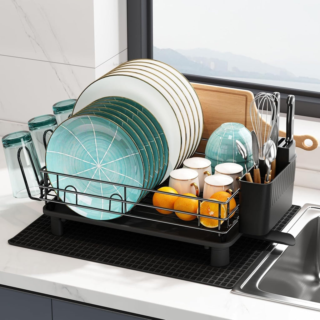 Stainless Steel Dish Drying Rack – Kitchen Countertop Dish Drainer with Drainboard, Utensil Holder & Cup Holder