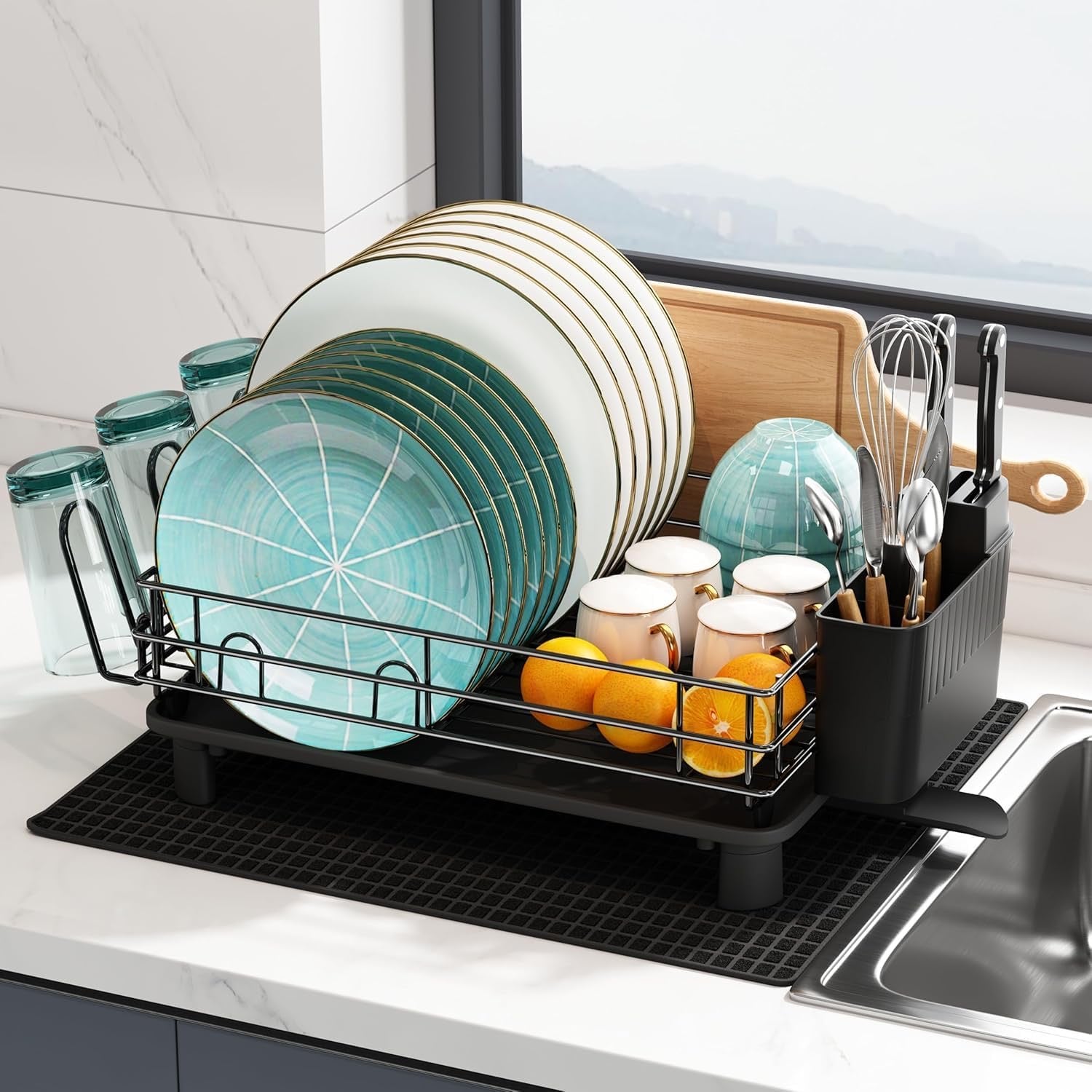Stainless Steel Dish Drying Rack – Kitchen Countertop Dish Drainer with Drainboard, Utensil Holder & Cup Holder