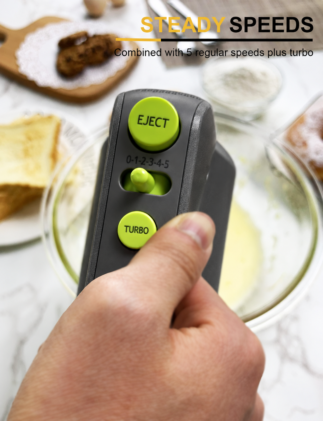 MOSAIC Electric Hand Mixer, 5 Speeds with Turbo, Beaters & Dough Hooks – Grey