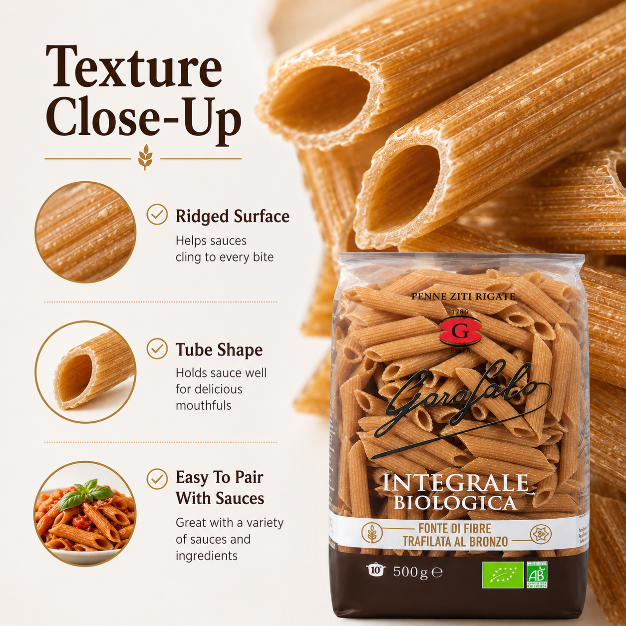 Whole Wheat Penne Rigate Pasta, Durum Wheat Semolina Pasta, Italian Style Pasta