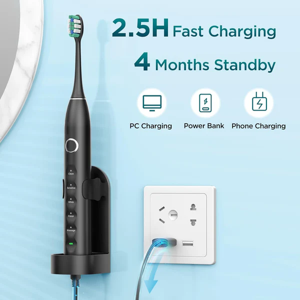 S5 Electric Toothbrush Sonic Rechargeable Toothbrush with 5 Modes 40000 Vibrations Timer Waterproof with 8 Brush Heads
