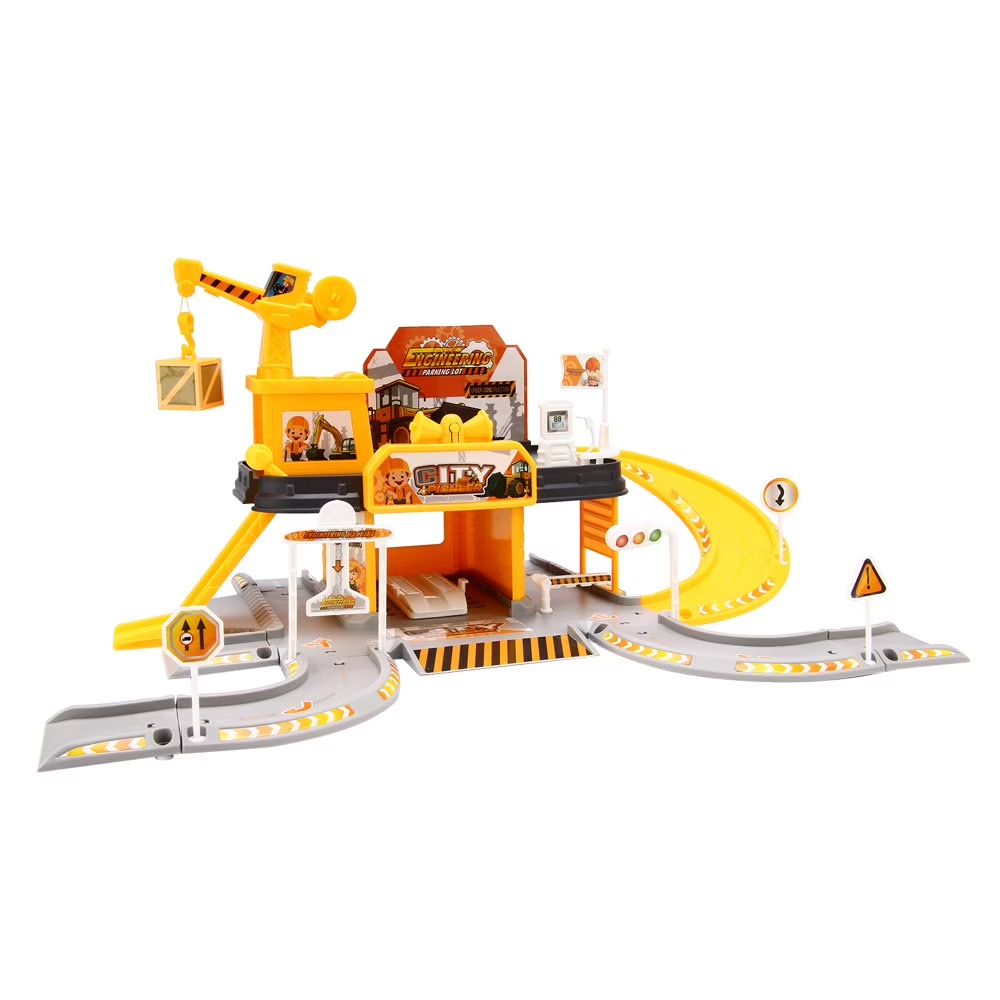 Construction Vehicle Parking Garage Playset with 3 Metal Cars, Track Ramp Building Set, Light & Sound Toy, Ages 3+