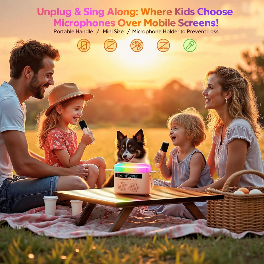 Portable Mini Bluetooth Karaoke Machine with 2 Wireless Microphones, LED Lights and Voice Effects – Pink