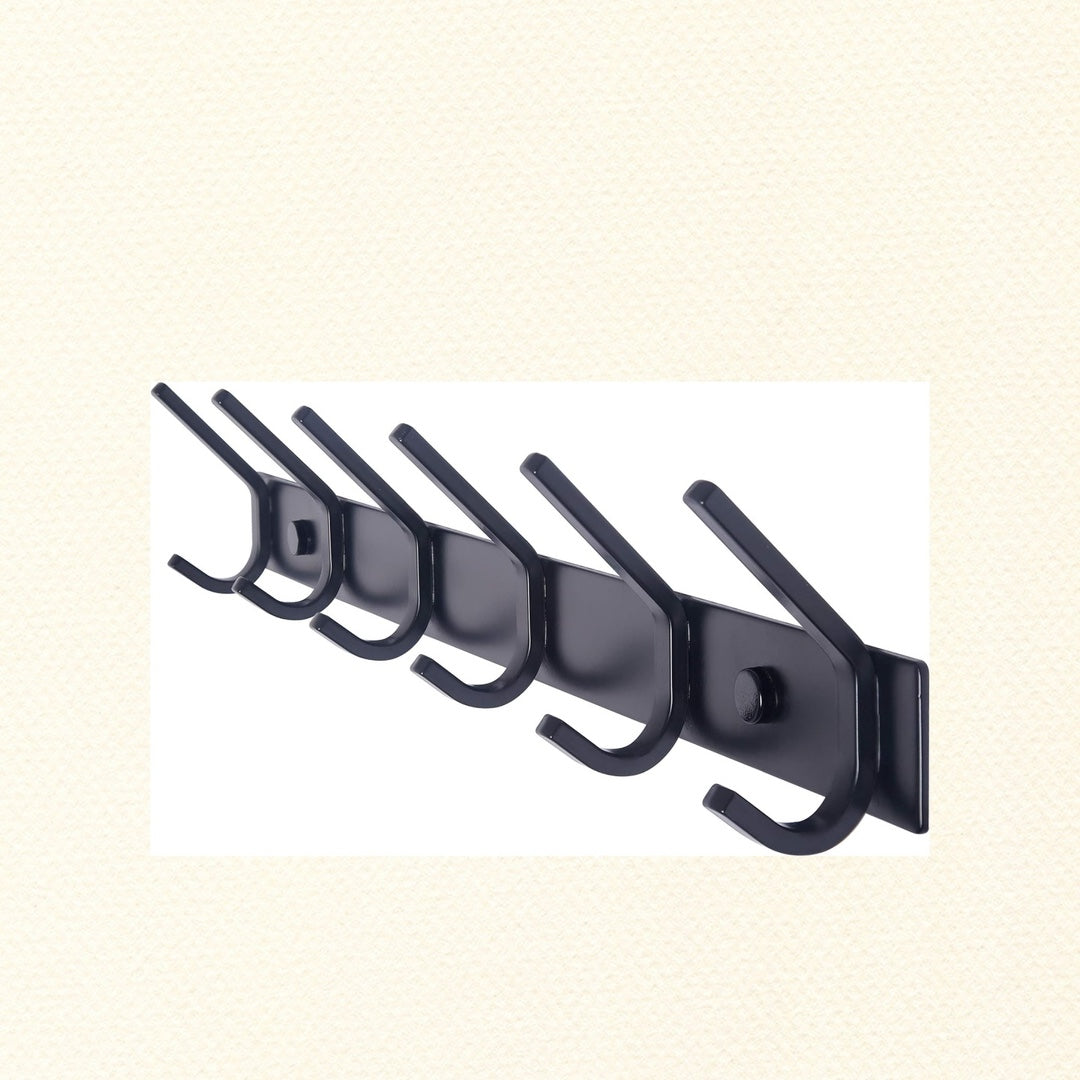 Matte Black Metal Wall Hook Rack with 6 Hooks for Entryway, Bathroom & Kitchen
