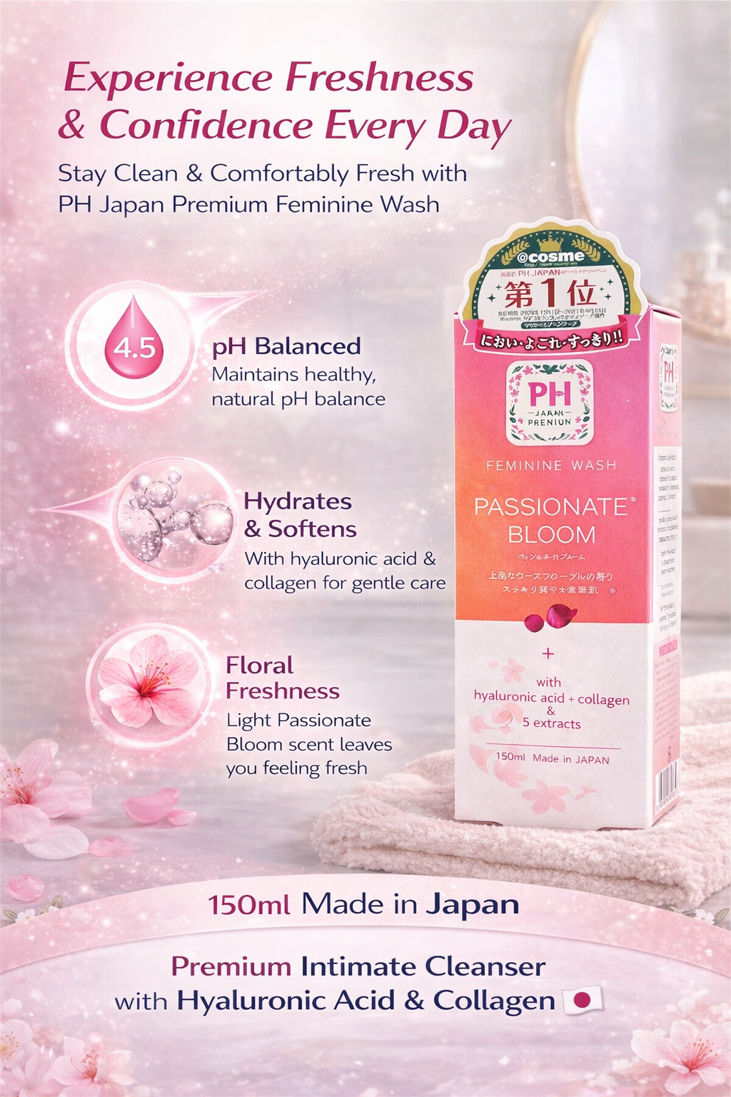 PH Japan Premium Feminine Wash – Passionate Bloom Intimate Cleanser with Hyaluronic Acid & Collagen (150ml)