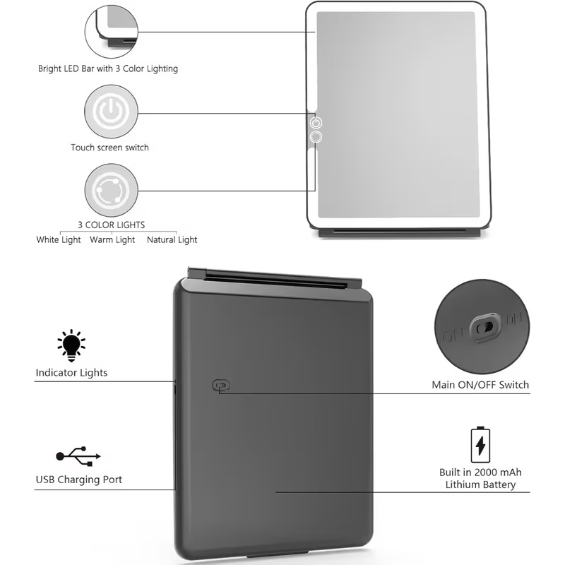 LED Lighted Makeup Mirror – 72 LEDs, 3 Color Modes, Touch Dimmable, Rechargeable Folding Travel Vanity Mirror