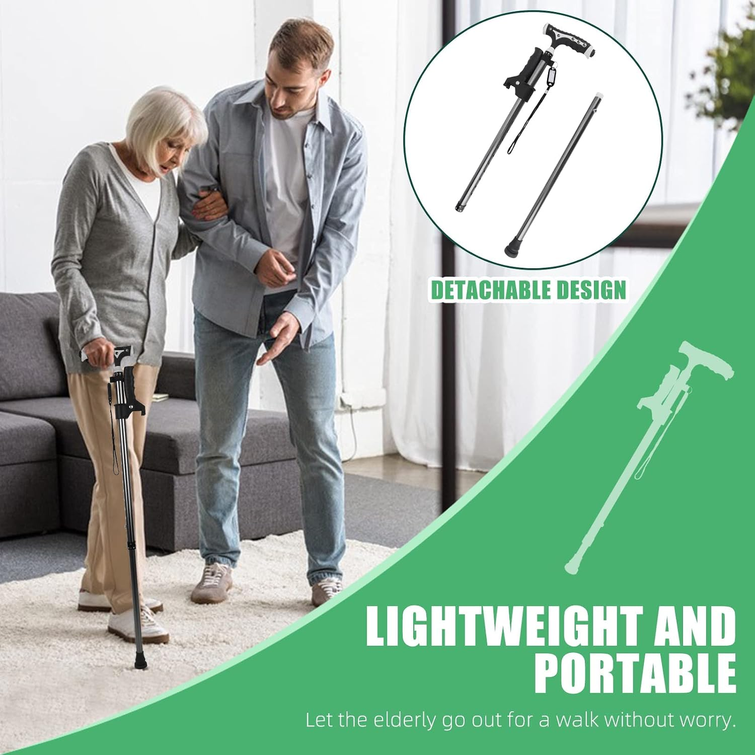 Foldable Adjustable Walking Cane with LED Light and Freestanding Base – Black