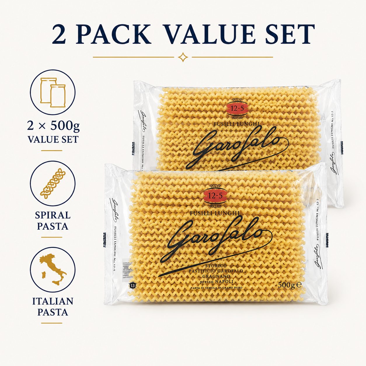 Fusilli Lunghi Pasta, 2-Pack Durum Wheat Semolina Pasta, Spiral Pasta, 500g Each