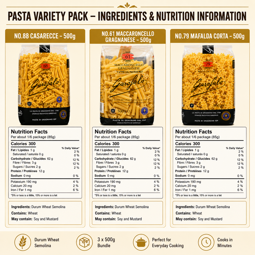 Garofalo Pasta Variety Pack, 3 × 500g, Casarecce No.88, Maccaroncello Gragnanese No.61 & Mafalda Corta No.79, Durum Wheat Semolina Pasta Bundle