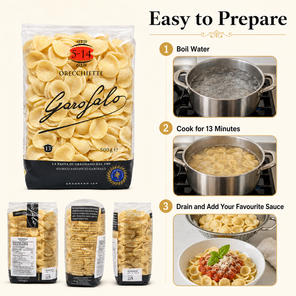 Garofalo Orecchiette Pasta 500g x 2 Packs – Cup-Shaped Durum Wheat Pasta, 13-Minute Cooking Time