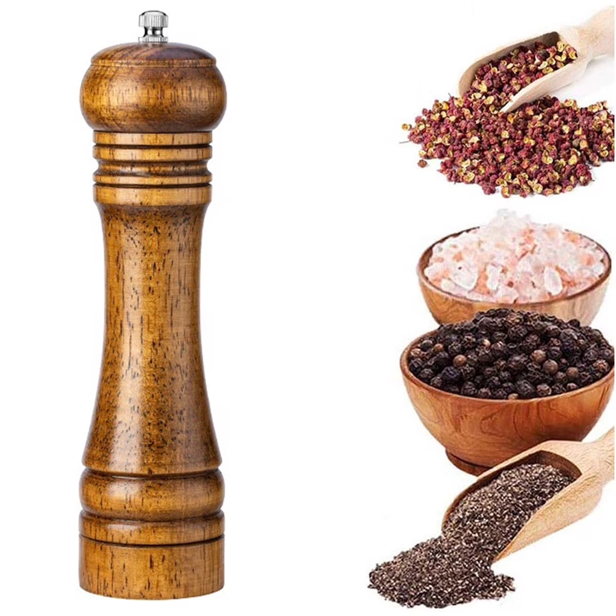 Wood Pepper Mill Grinder Adjustable Ceramic Core Salt & Pepper Grinder Refillable Oak Wood Mill 5in8in10in
