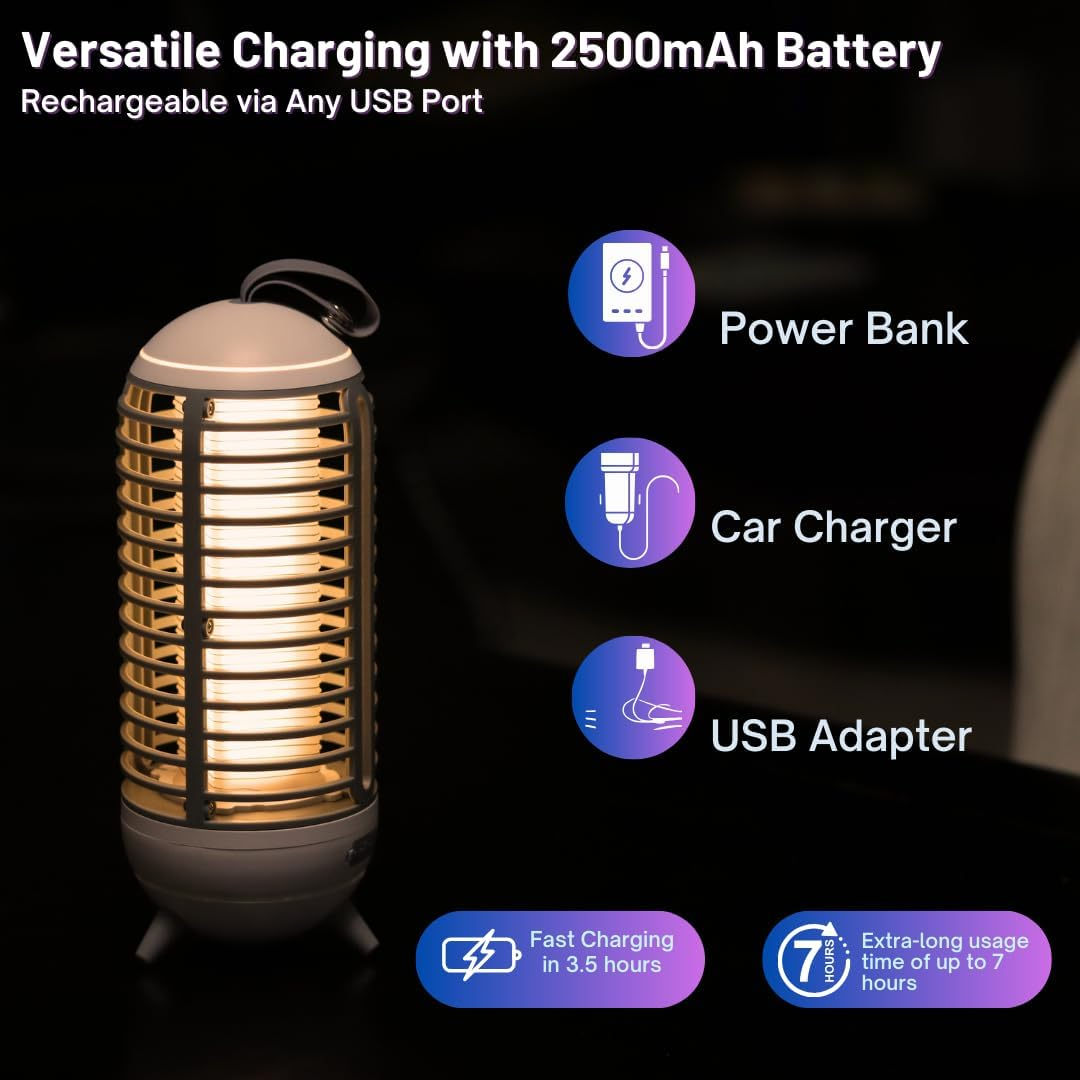 Rechargeable LED Mosquito & Flying Insect Trap Lamp, 3 Light Modes, USB-C Bug Zapper with Auto Light Sensor and Cleaning Brush for Indoor & Outdoor Use