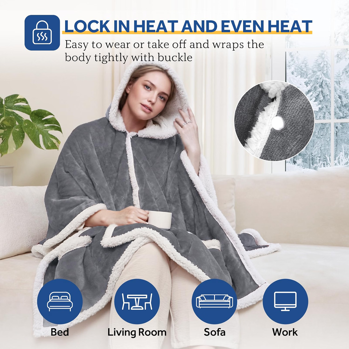 Sealy Wearable Electric Heated Hoodie Poncho, 50 x 60 in.