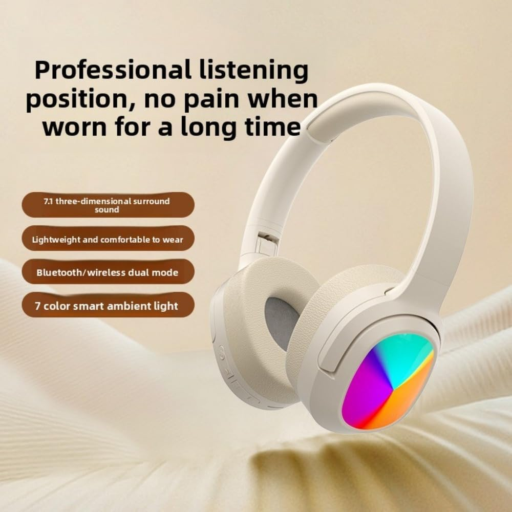 Bluetooth 5.3 Over-Ear Headphones with RGB Lighting – Cream