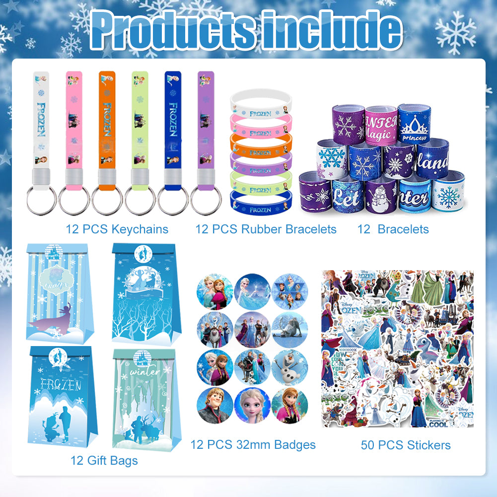 Winter Princess Theme Party Decorations Set – Kids Birthday Supplies with Gift Bags, Bracelets, Keychains, Stickers & Badges (Blue Snowflake Style)