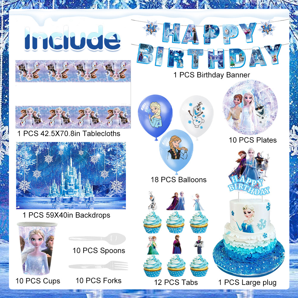 Winter Snow Princess Birthday Party Decorations Set – Kids Party Supplies with Backdrop, Banner, Balloons, Tableware & Cake Toppers (Blue Ice Theme)