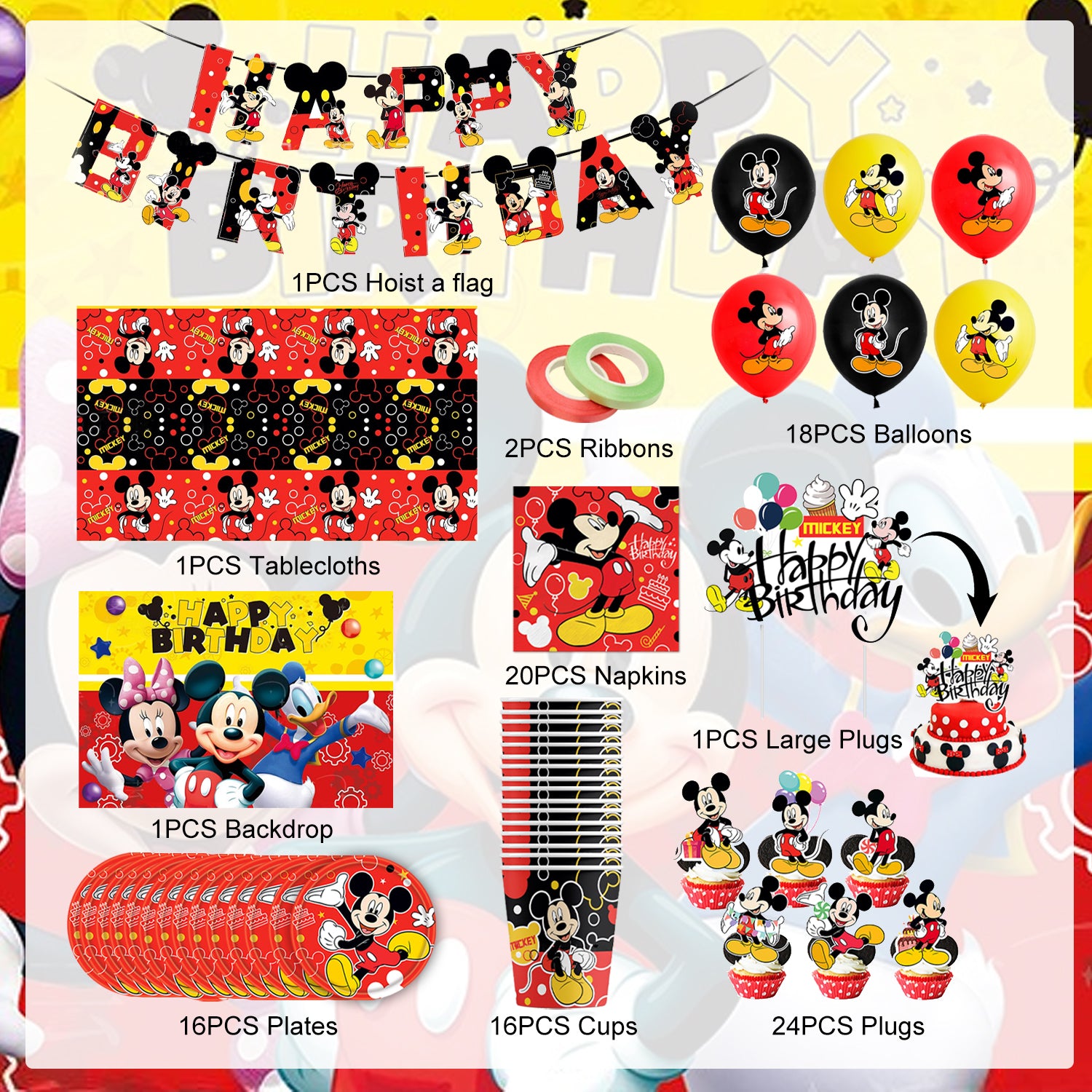Classic Cartoon Mouse Theme Birthday Party Decorations Set – Kids Party Supplies with Banner, Balloons, Tableware & Cake Toppers (Red & Black Style)