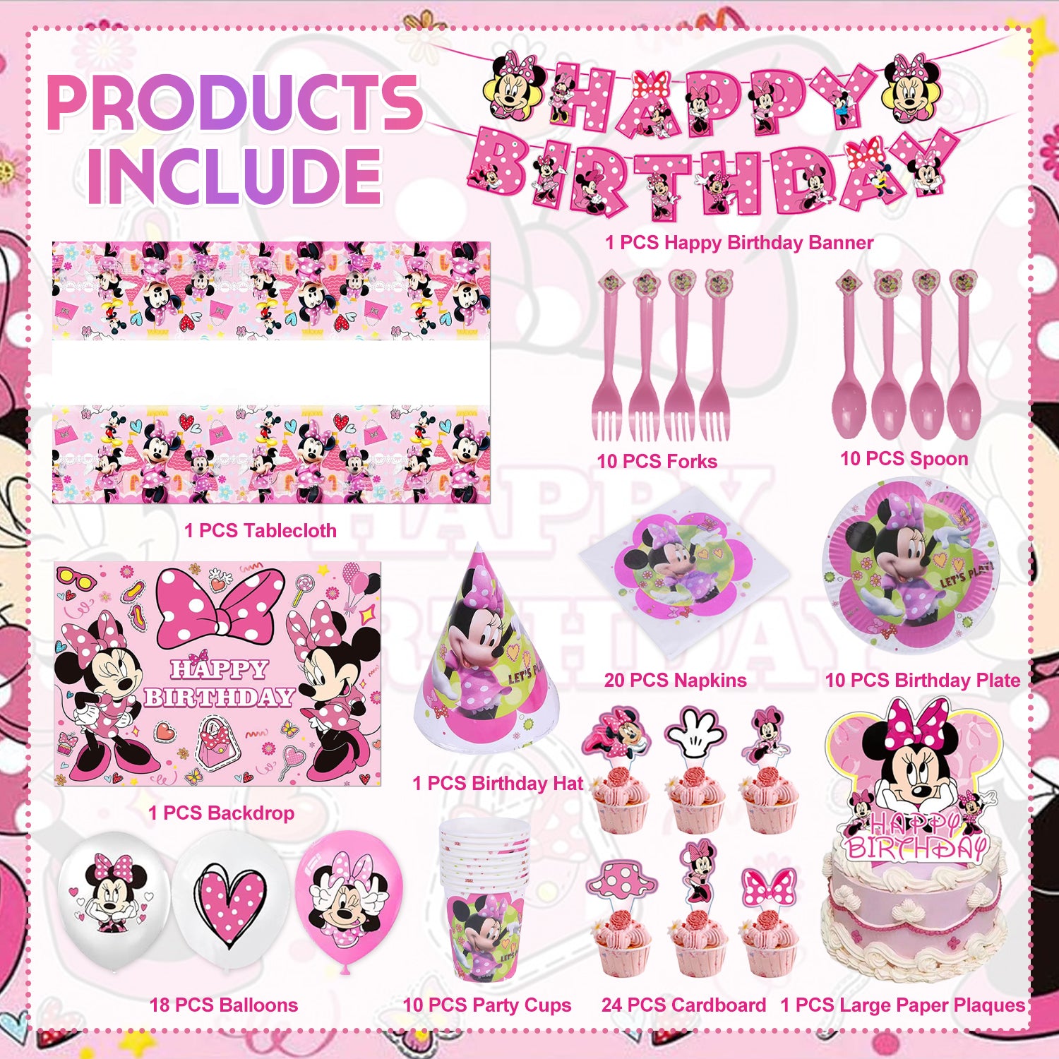 Pink Cartoon Bow Theme Birthday Party Decorations Set – Kids Girls Party Supplies with Banner, Balloons, Tableware & Cake Toppers