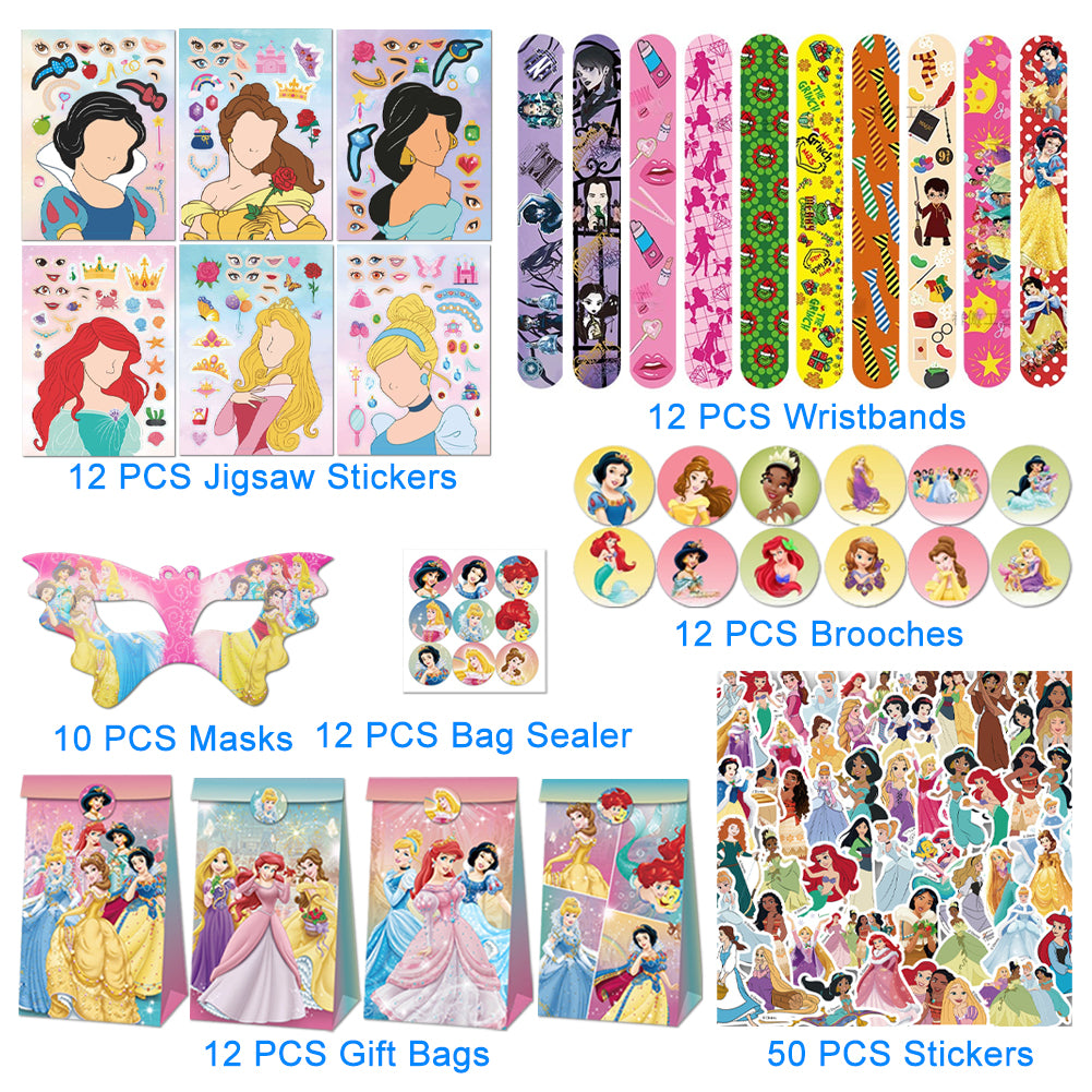 Fairy Tale Princess Theme Party Decorations Set – Kids Birthday Supplies with Stickers, Gift Bags, Bracelets & Party Accessories