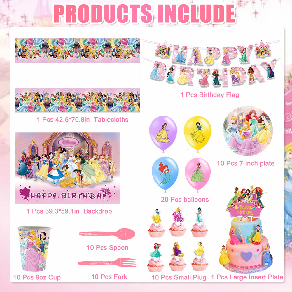 Pink Fairy Tale Princess Birthday Party Decorations Set – Kids Party Supplies with Backdrop, Banner, Balloons, Tableware & Cake Toppers