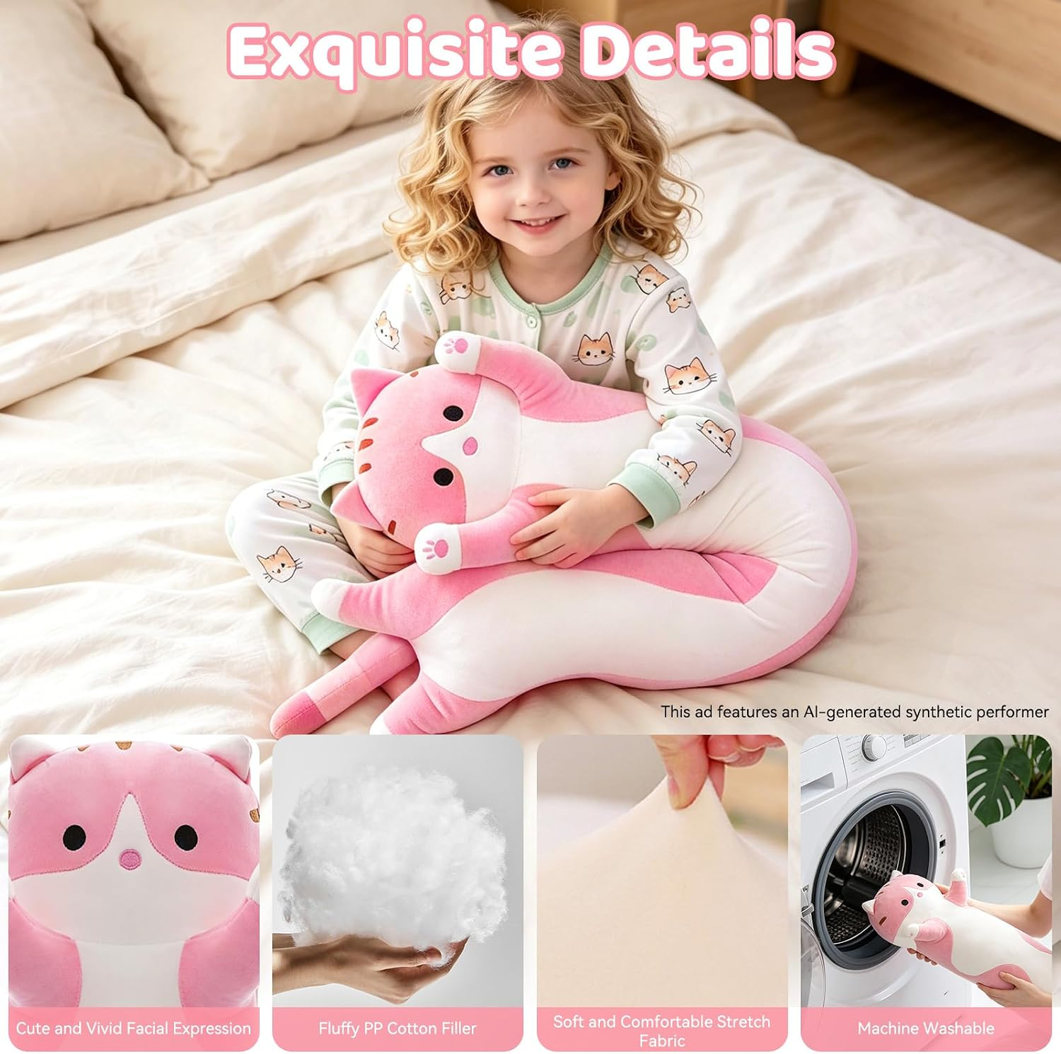 Long Cat Plush Body Pillow, Soft Stuffed Animal Cuddle Toy, 19.6 Inch, Gray or Pink
