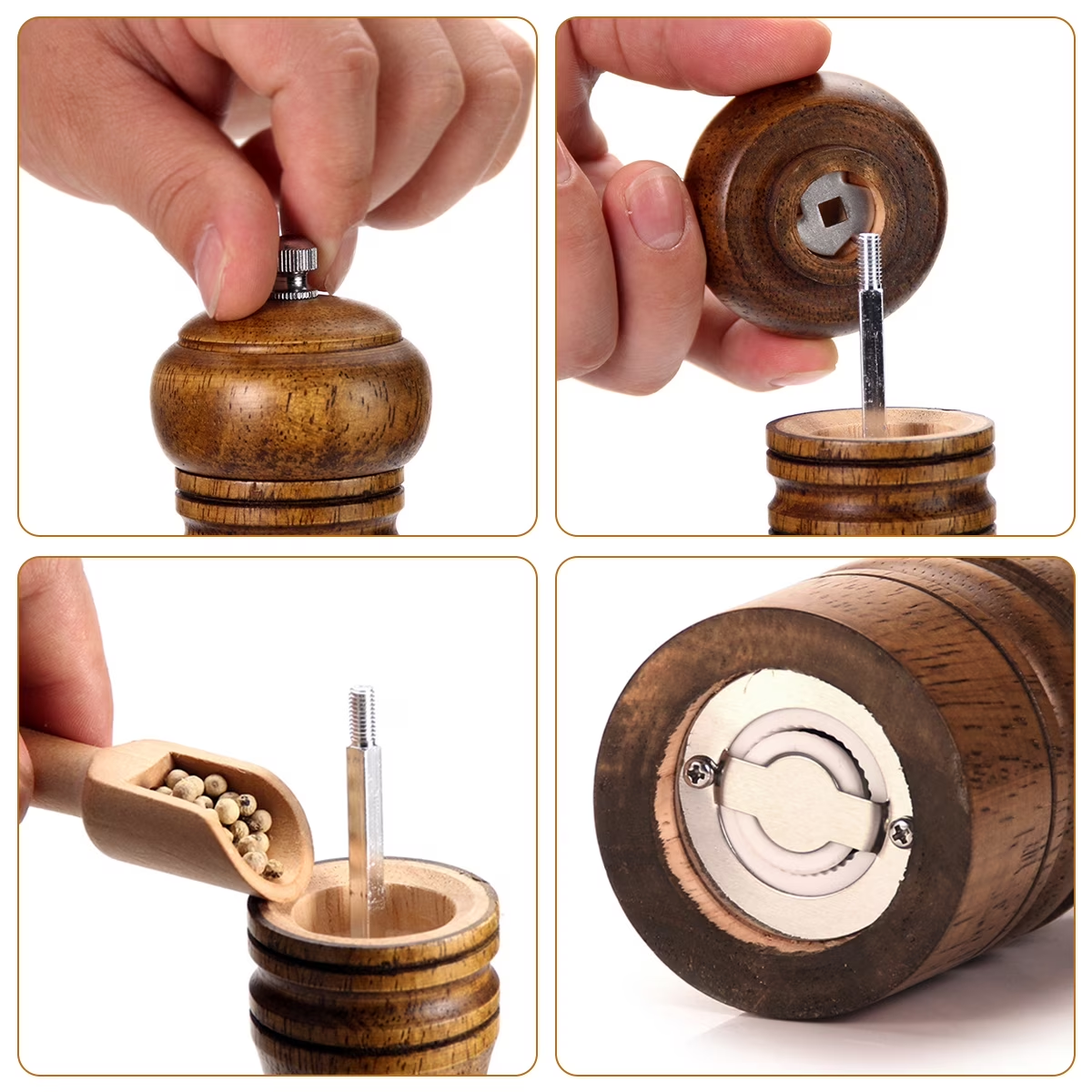 Wood Pepper Mill Grinder Adjustable Ceramic Core Salt & Pepper Grinder Refillable Oak Wood Mill 5in8in10in