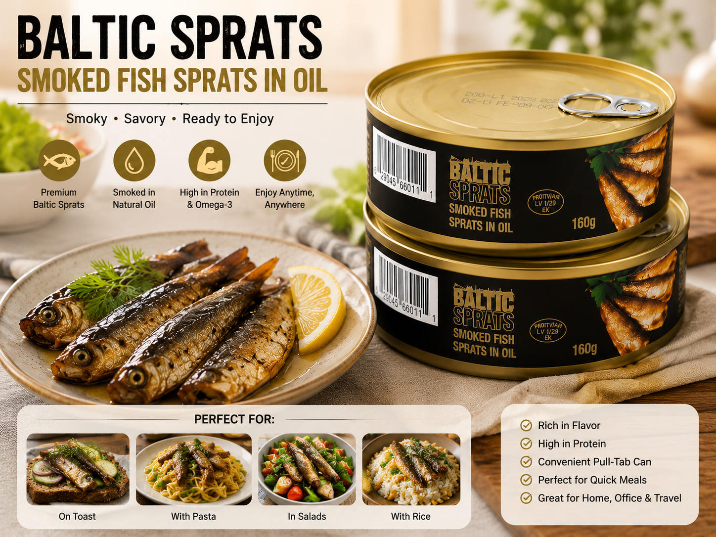 Baltic Smoked Fish Sprats in Oil 160g x2 – Ready to Eat Premium Baltic Seafood Snack | Best Before Feb 03, 2029