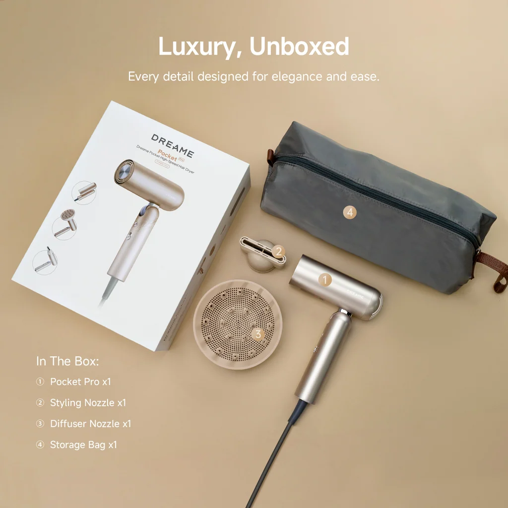 Open Box – Dreame Pocket Pro Foldable Ionic Hair Dryer, 120–240V, with Styling Attachments & Travel Pouch