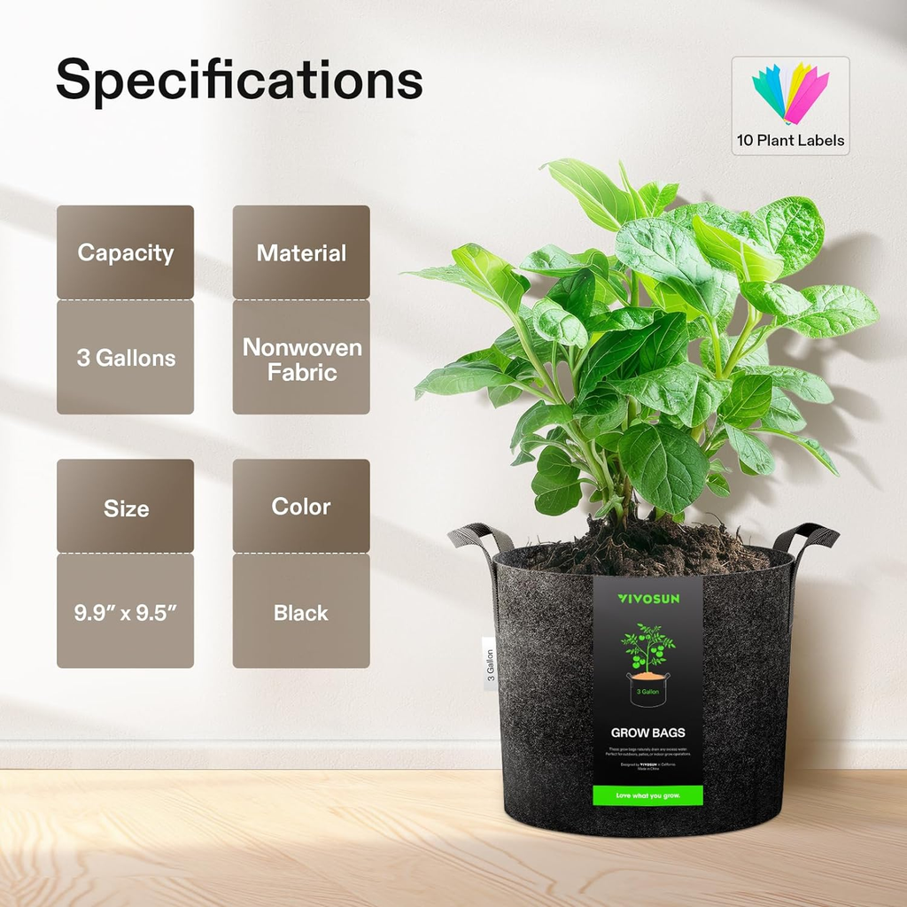 Fabric Grow Bags with Handles, Thickened Breathable Plant Pots, Nonwoven Garden Planters for Vegetables, Flowers, Indoor & Outdoor Gardening