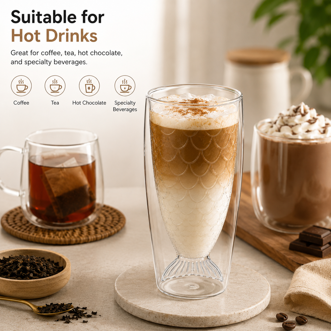 Mermaid Tail Double Wall Glass Cup, 12oz (355ml) Fish Scale Drinking Glass for Hot & Cold Beverages