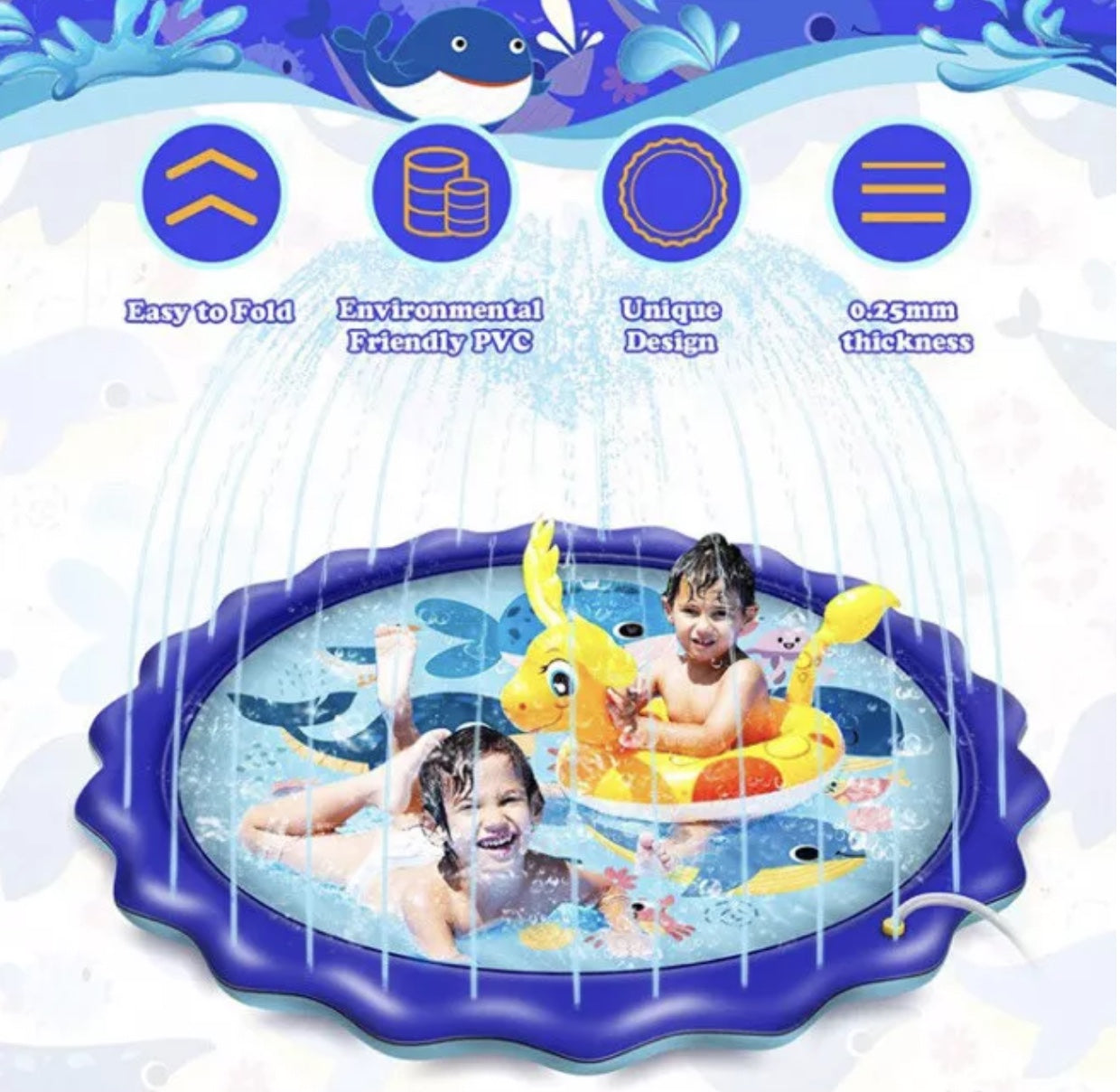 Kids Splash Play Mat | 68” Sprinkler Water Pad for Summer Outdoor Fun