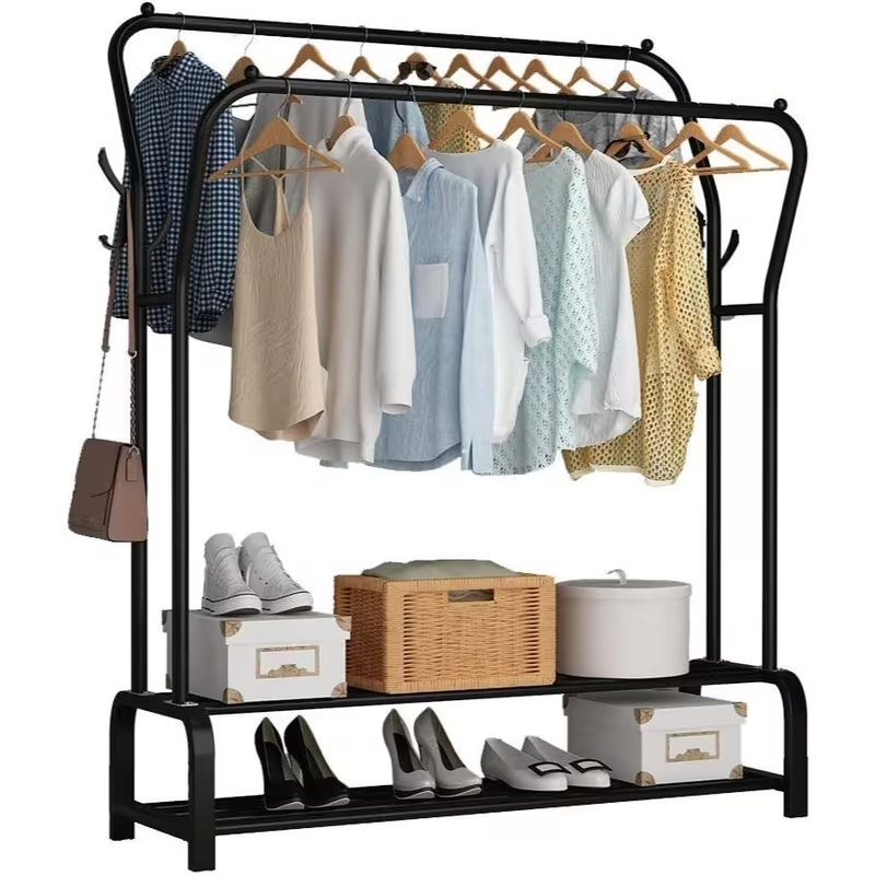 Double Rod Garment Rack with Shelf – Heavy Duty Freestanding Clothing Rack with Shoe Storage & Hooks for Bedroom, Entryway & Closet Organization