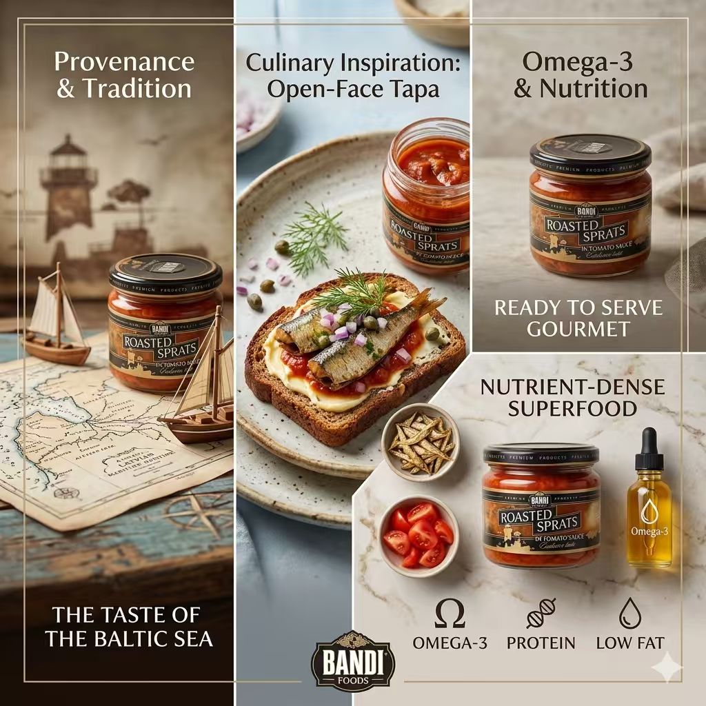 Bandi Foods Roasted Sprats in Tomato Sauce 280g, Baltic Sea Wild-Caught Fish from Latvia, Ready-to-Eat Seafood, High Omega-3 & Protein, Best Before 01/14/2030