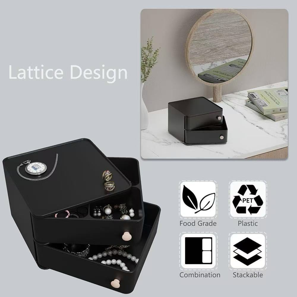 Rotating Makeup Organizer with Drawers – Stackable Cosmetic Storage Box, 360° Rotating Vanity Organizer for Skincare, Jewelry & Bathroom Countertop