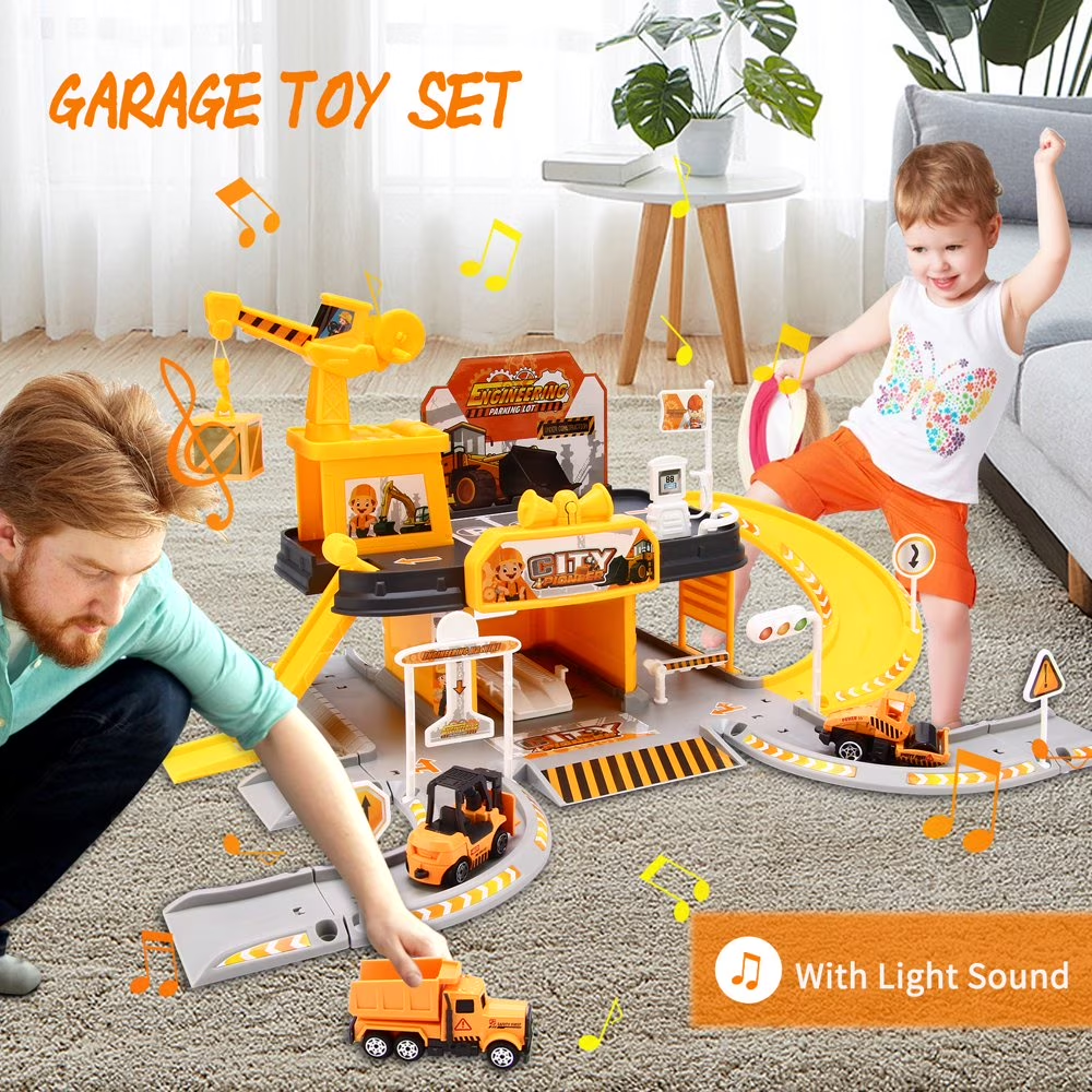 Construction Vehicle Parking Garage Playset with 3 Metal Cars, Track Ramp Building Set, Light & Sound Toy, Ages 3+