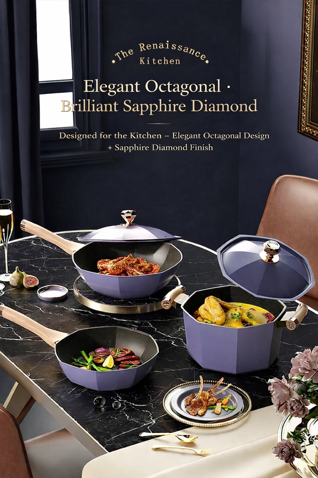 3-Piece Octagonal Nonstick Cookware Set – Lavender Purple Kitchen Pots & Pan Set with Lid, Premium Multi-Layer Bottom, Elegant Sapphire Diamond Design