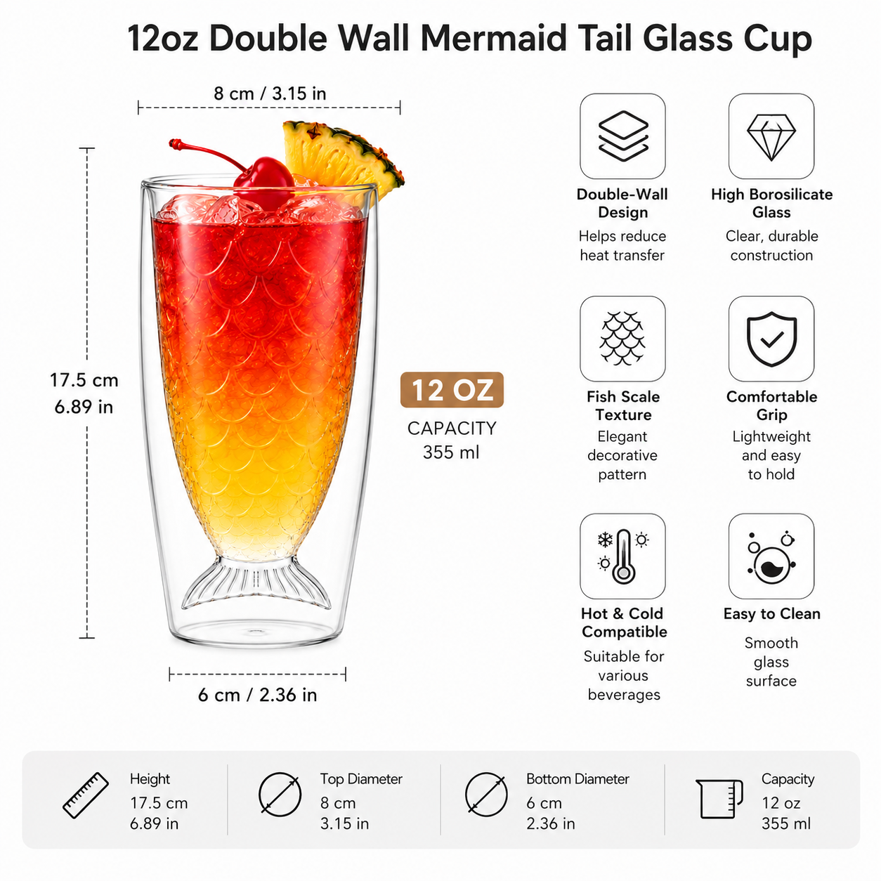 Mermaid Tail Double Wall Glass Cup, 12oz (355ml) Fish Scale Drinking Glass for Hot & Cold Beverages